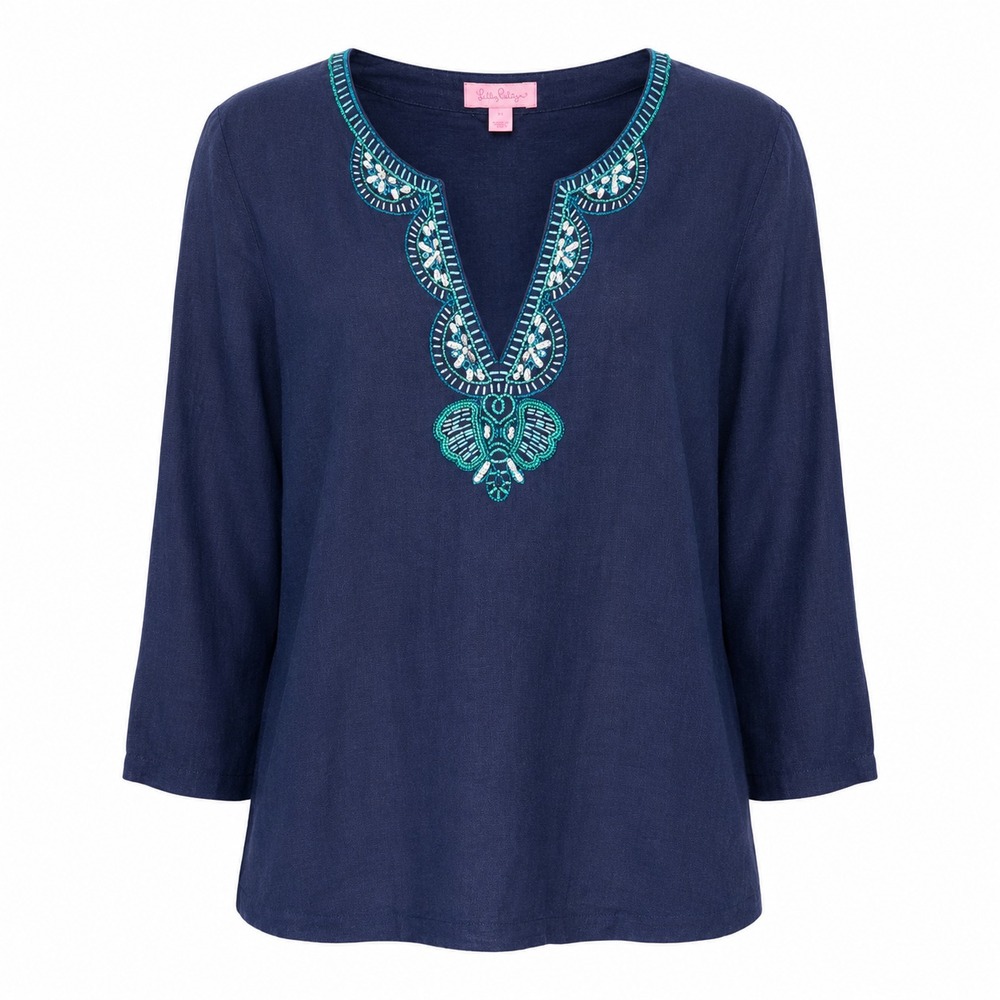 Lilly Pulitzer Amelia Linen Tunic Top Womens Large Resortwear Beaded Embroidered